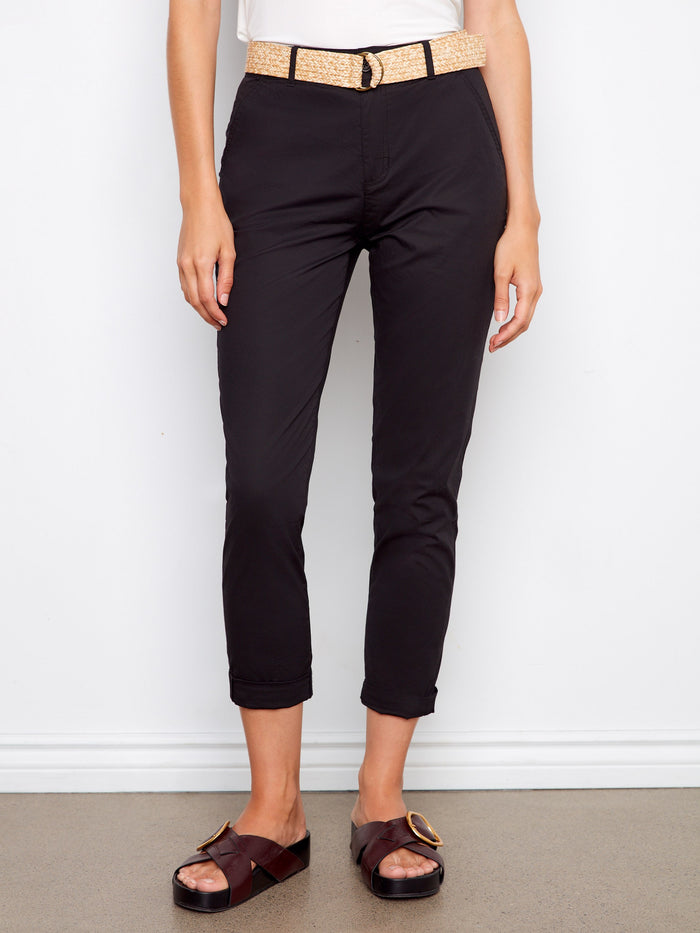 Black slim-fit pants featuring regular rise and a chic belt, crafted in stretch twill fabric by Charlie B.