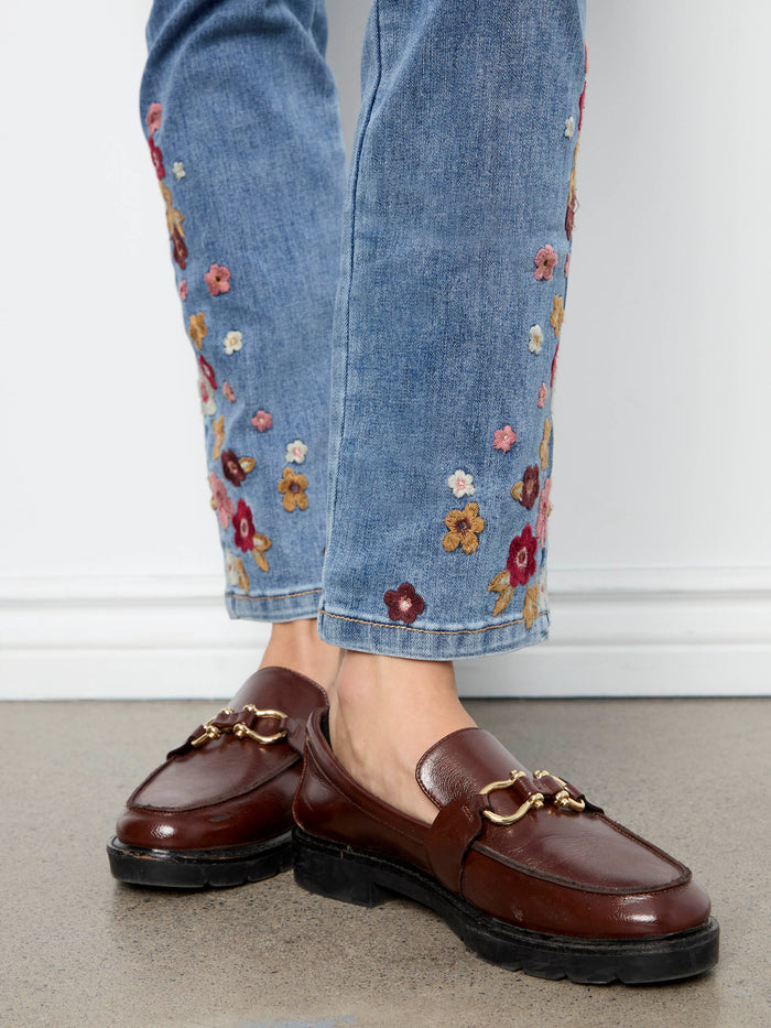 Slim Leg Jeans With Floral Hem Embroidery - Medium Blue
