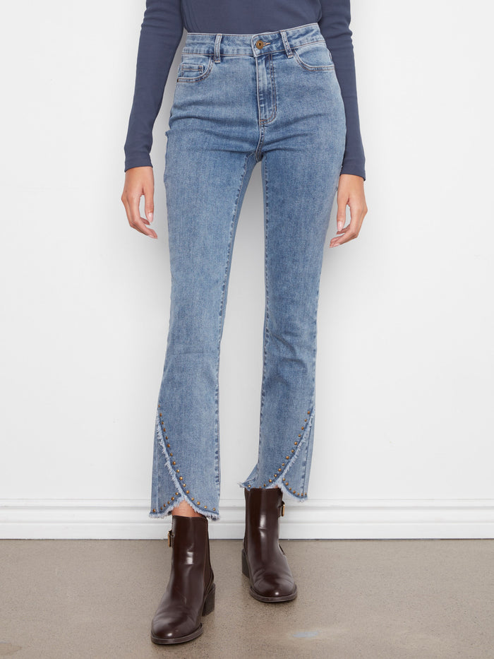 Adorned with studs along the tulip hem, these jeans add a touch of elegance to any outfit. Designed with care by Charlie B.
