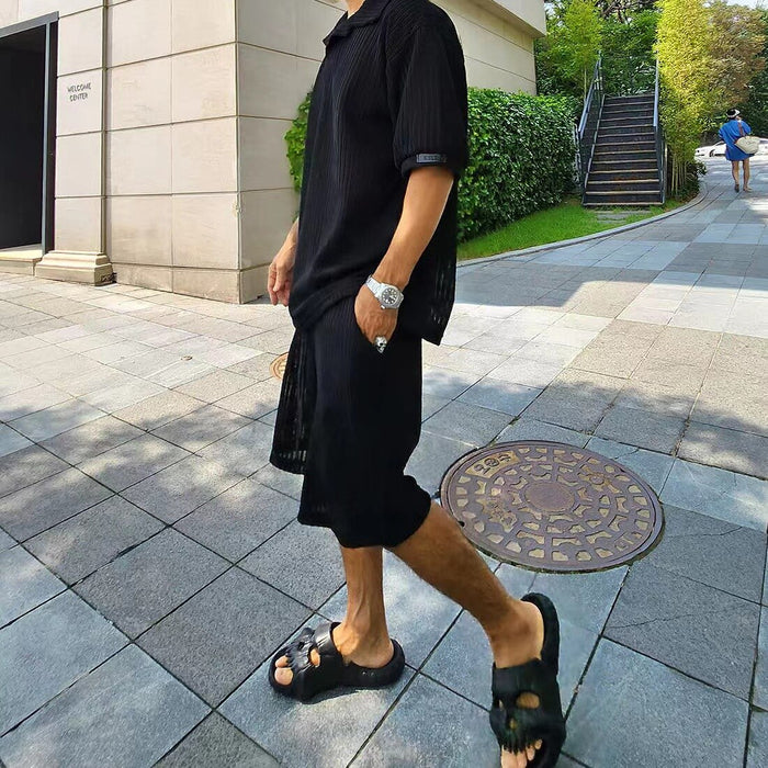 Spring Summer Fashion Knitted Short Sleeve Tops And Shorts Male Two
