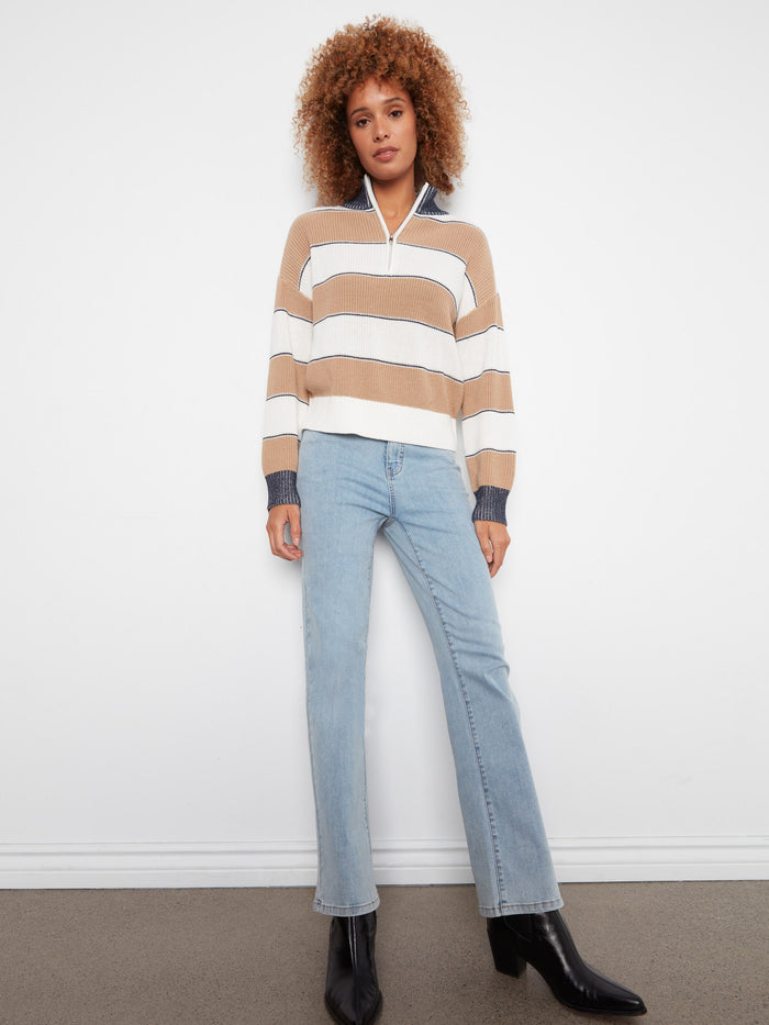 Striped Half-Zip Sweater - Camel