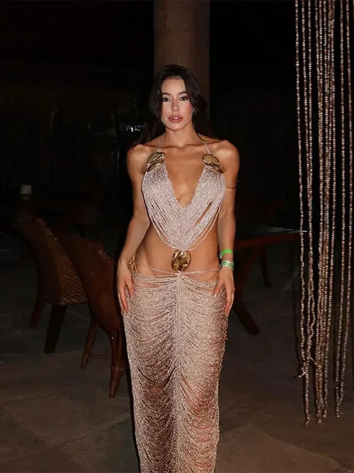 Tassels Patchwork Maxi Dress for Women Sexy Backless