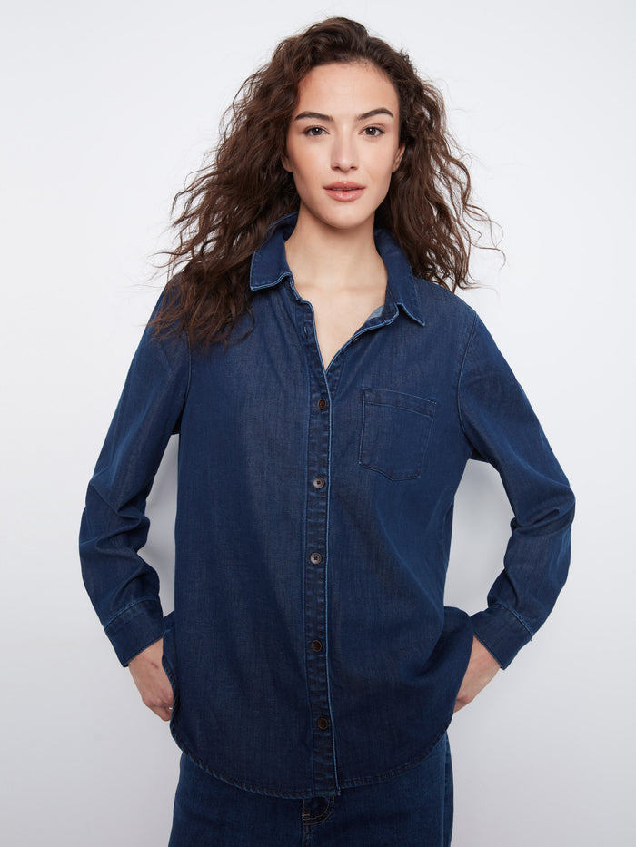 Indigo button-front shirt in Tencel with a comfortable relaxed fit and chest pocket by Charlie B.