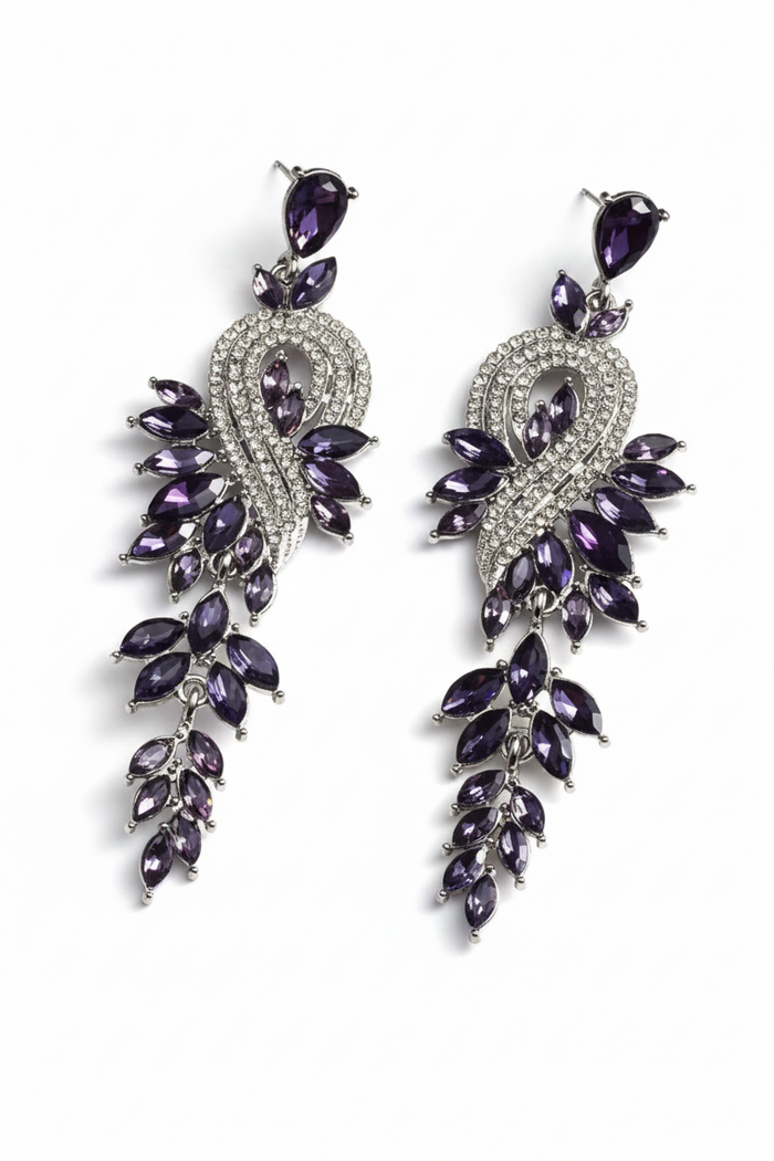 Tiarra Chandelier Drop Earrings – Pavé CZ & Crystal Leaf Cascade in Silver Purple | Zoha Los Angeles