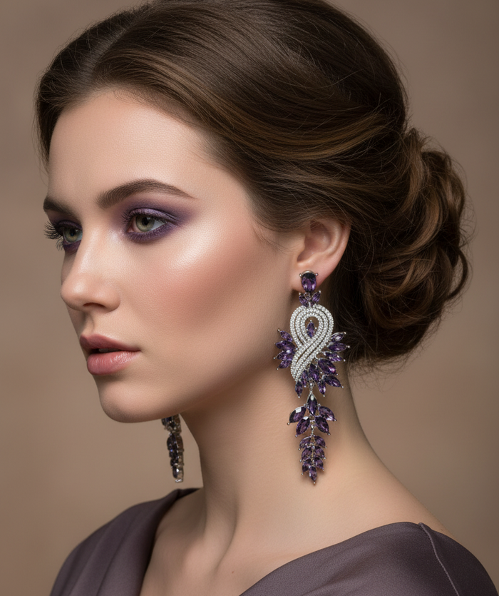Tiarra Chandelier Drop Earrings – Pavé CZ & Crystal Leaf Cascade in Silver Purple | Zoha Los Angeles