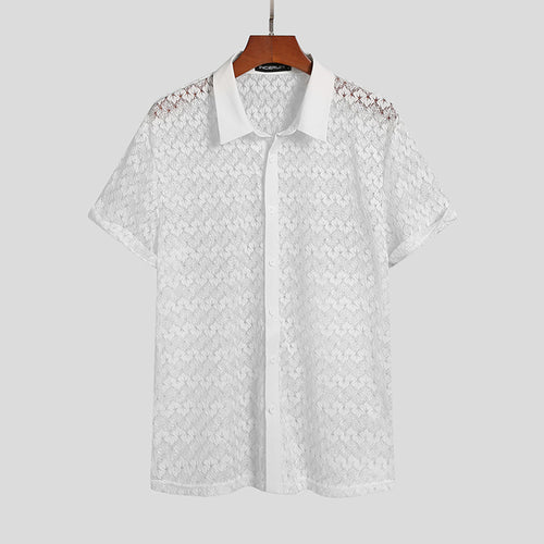 US-Men Mesh Shirt Lace Lapel Short Sleeve Streetwear See Through Casual