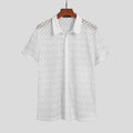 US-Men Mesh Shirt Lace Lapel Short Sleeve Streetwear See Through Casual