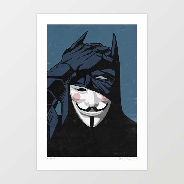 V for Bat surreal art print — dark angular caped figure in a graphic cowl wearing a pale theatrical mask with rosy cheeks against a slate blue background, bold pop culture graphic wall art for eclectic and statement interiors
