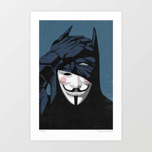 V for Bat surreal art print — dark angular caped figure in a graphic cowl wearing a pale theatrical mask with rosy cheeks against a slate blue background, bold pop culture graphic wall art for eclectic and statement interiors