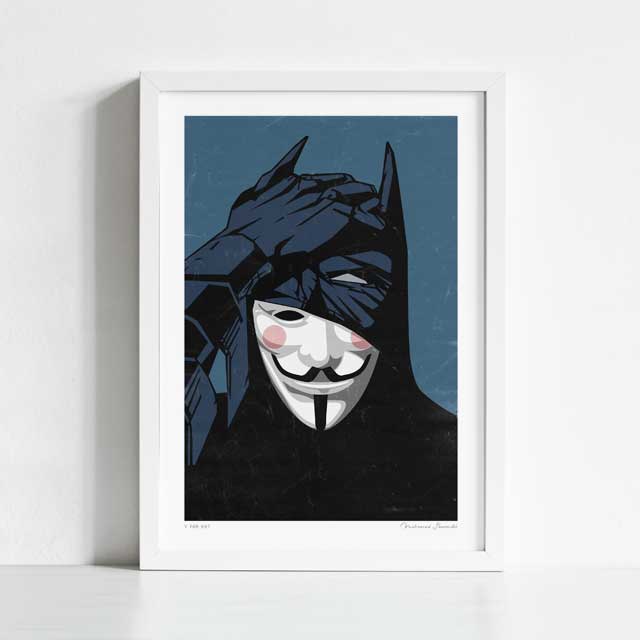 V for Bat art print framed view — surreal graphic collage of a dark caped masked figure in bold comic art style against deep blue, pop culture statement wall art for creative studios and gallery walls