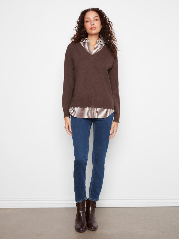 V-Neck Fooler Sweater With Embroidered Shirt Collar - Heather Coffee