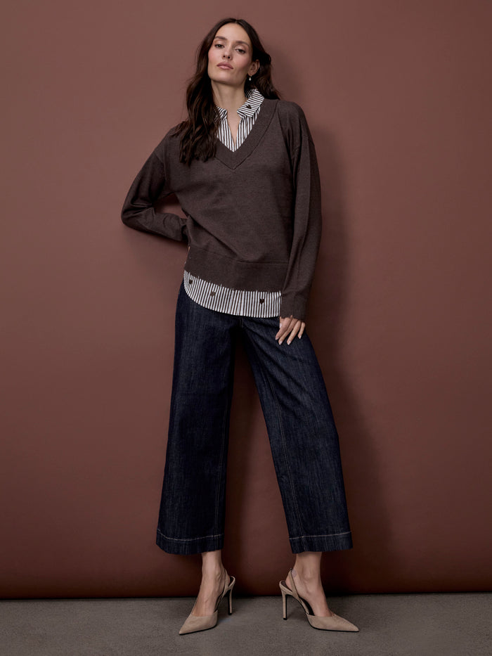 V-Neck Fooler Sweater With Embroidered Shirt Collar - Heather Coffee