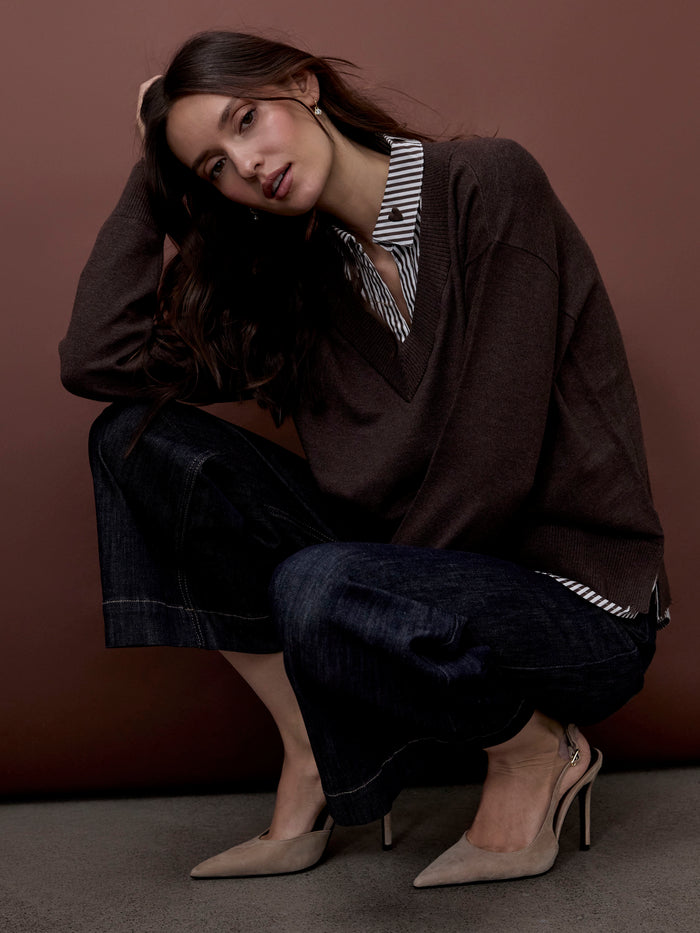 V-Neck Fooler Sweater With Embroidered Shirt Collar - Heather Coffee