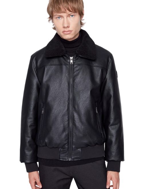 Vegan Leather Jacket with Sherpa Collar