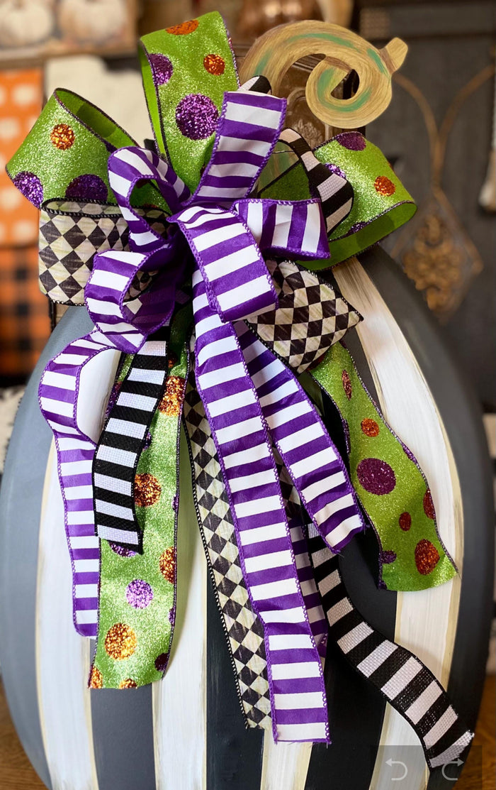 Whimsical Polka Dot Bright Green, Purple Stripe, Black Stripe, and Harlequin Large Bow