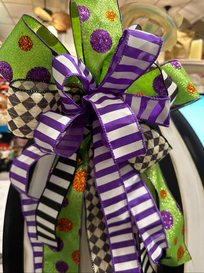 Whimsical Polka Dot Bright Green, Purple Stripe, Black Stripe, and Harlequin Large Bow