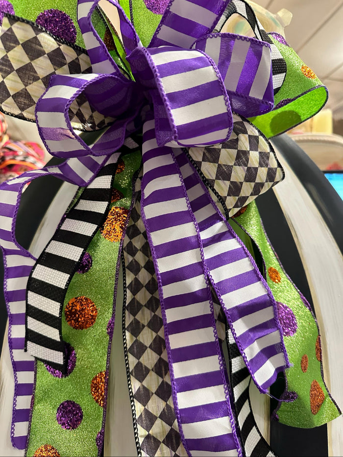 Whimsical Polka Dot Bright Green, Purple Stripe, Black Stripe, and Harlequin Large Bow