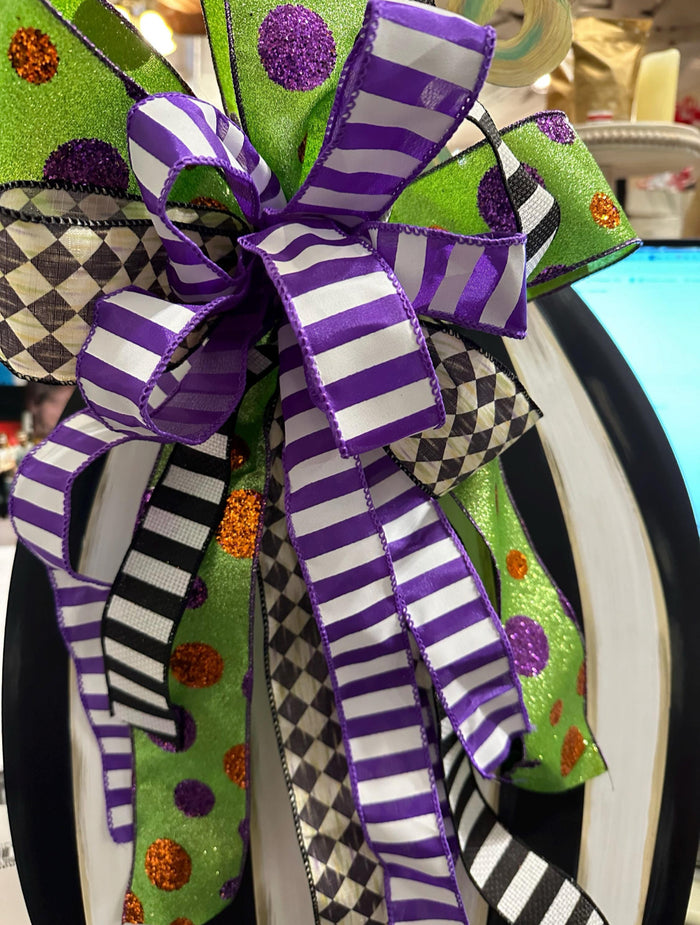 Whimsical Polka Dot Bright Green, Purple Stripe, Black Stripe, and Harlequin Large Bow