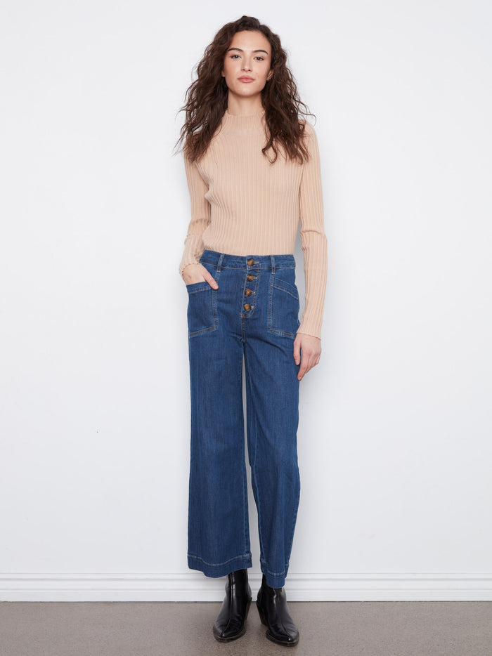 Wide leg jeans in stretch denim with a chic button closure, perfect for any casual outing. By Charlie B.