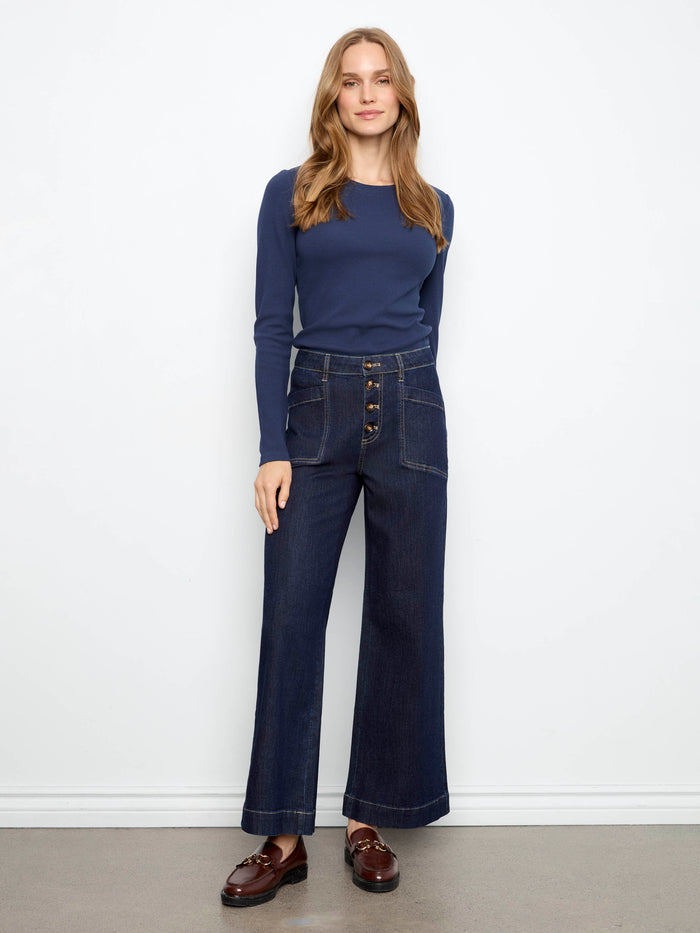 Denim pants featuring a stylish wide leg design and patch pockets, crafted with stretch denim for comfort by Charlie B.
