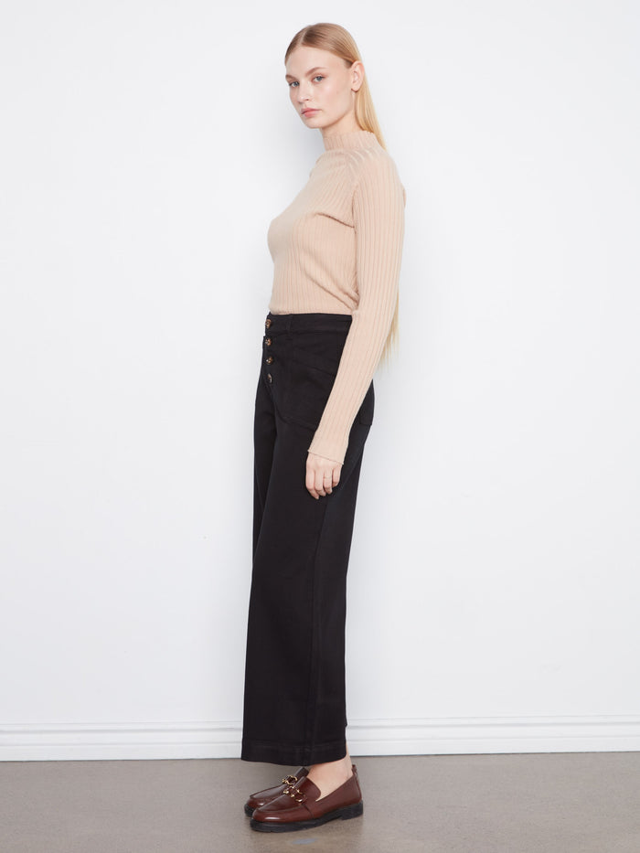 Elegant black twill pants in a wide-leg cut with stretch fabric for added comfort by Charlie B.