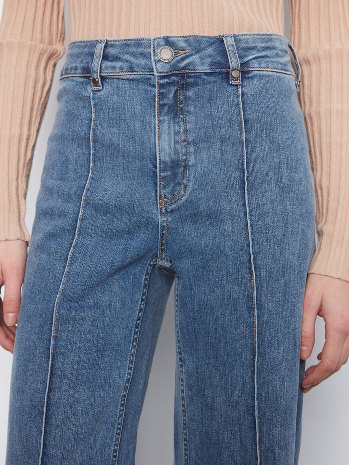 Wide Leg Jeans With Front Seam Detail - Medium Blue