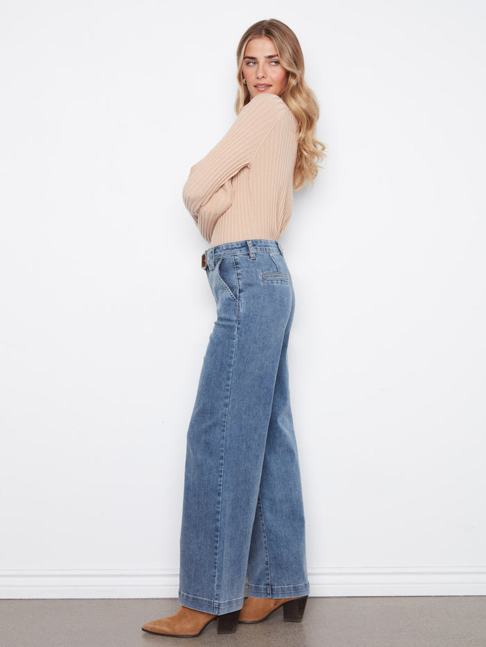 The removable front belt detail adds versatility to these full-length jeans, allowing for personalized styling by Charlie B.