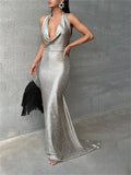 WJFZQM Sexy Halter Off Shoulder Sleeveless Backless Long Dress For
