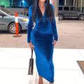 Women Solid Color Zipper Dress Autumn Winter Long Sleeve Bodycon Midi
