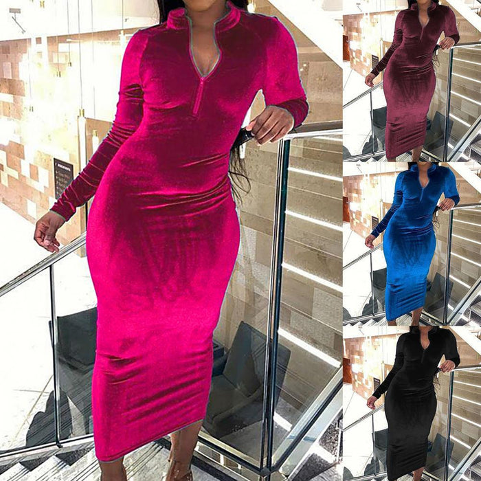 Women Solid Color Zipper Dress Autumn Winter Long Sleeve Bodycon Midi