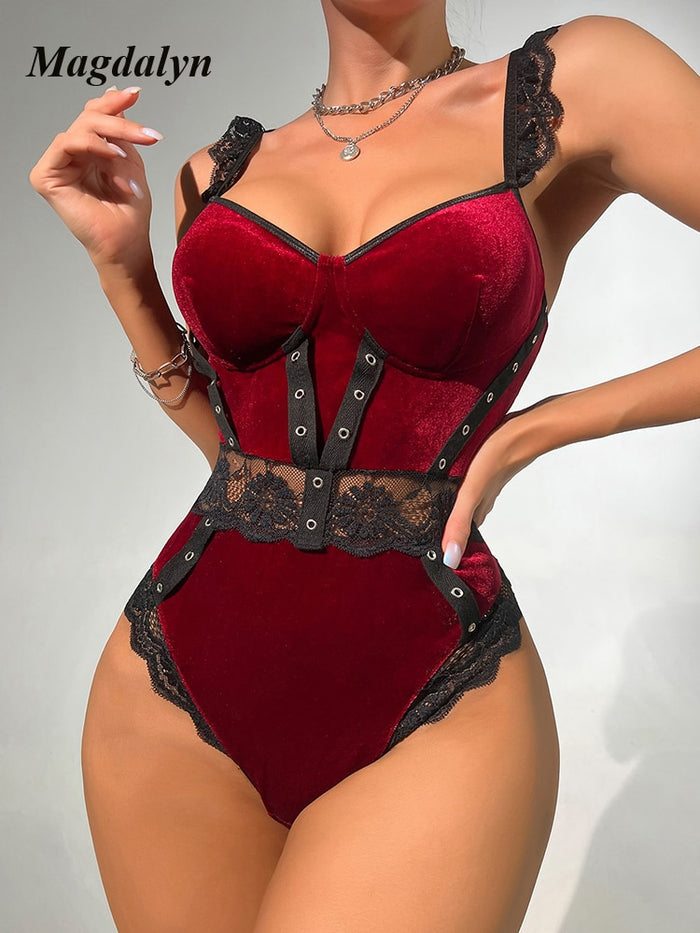 Women Velour Lace Bodysuits Fashion Casual Skinny Velvet